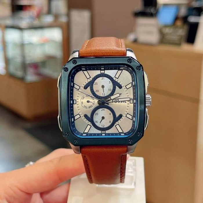 Shop Authentic Fossil Inscription Multifunction Silver Dial Brown Leather Strap Watch for Men - BQ2658 - Luxxuri