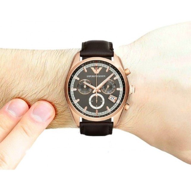 Shop Authentic Emporio Armani Chronograph Gray Dial Brown Leather Strap Watch For Men - AR6043 - Luxxuri