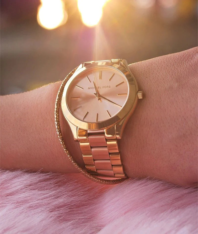 Michael Kors Slim Runway Pink Dial Two Tone Steel Strap Watch for Women - MK3493