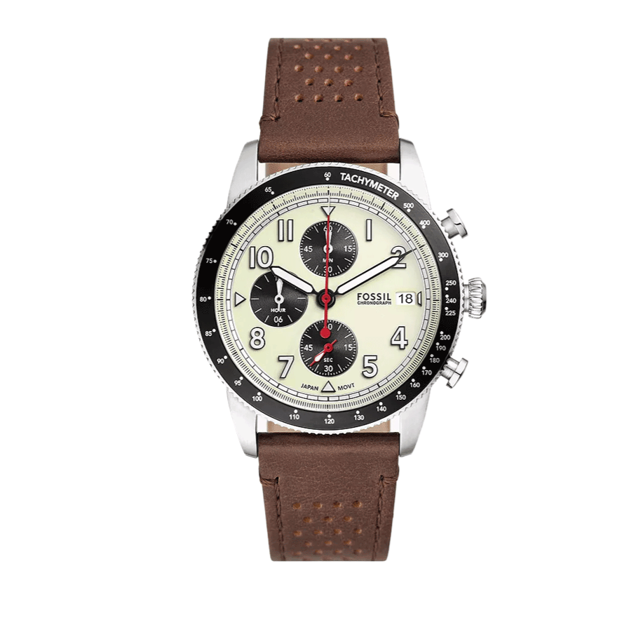 Shop Authentic Fossil Sport Tourer Chronograph White Dial Brown Leather Strap Watch for Men - FS6042 - Luxxuri