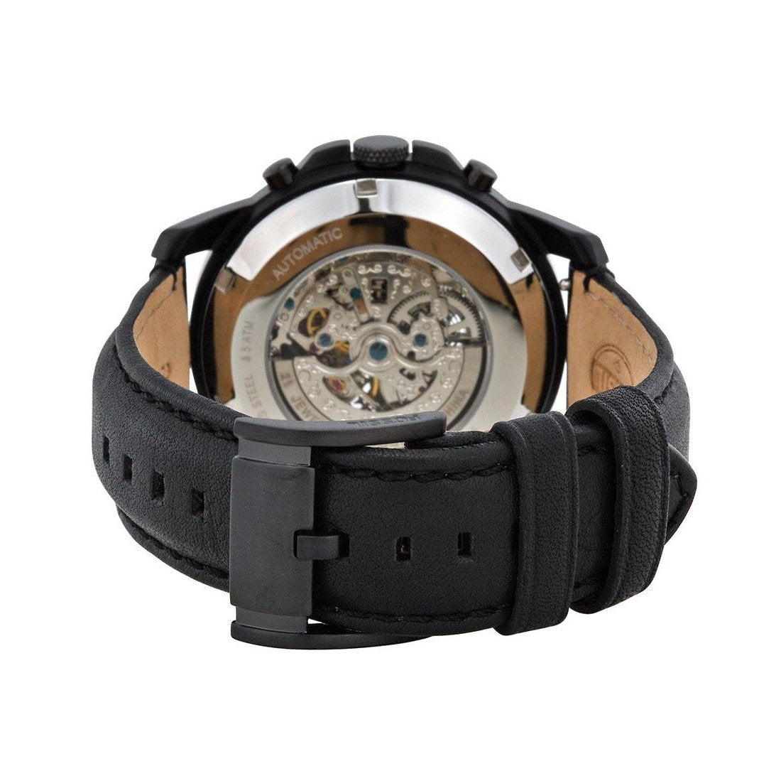 Fossil Grant Automatic Chronograph Black Dial Black Leather Strap Watch for Men - ME3028