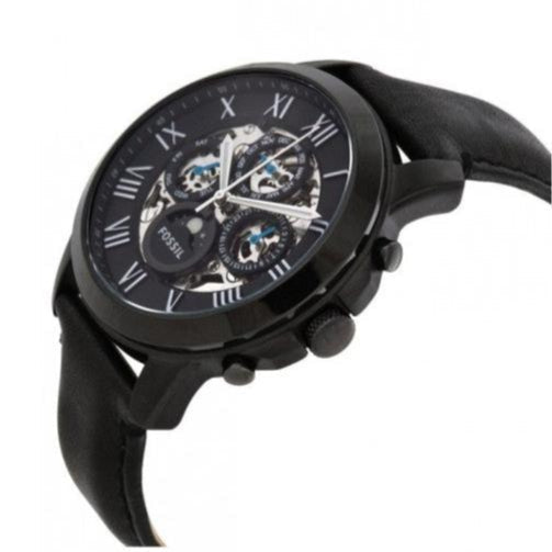 Fossil Grant Automatic Chronograph Black Dial Black Leather Strap Watch for Men - ME3028