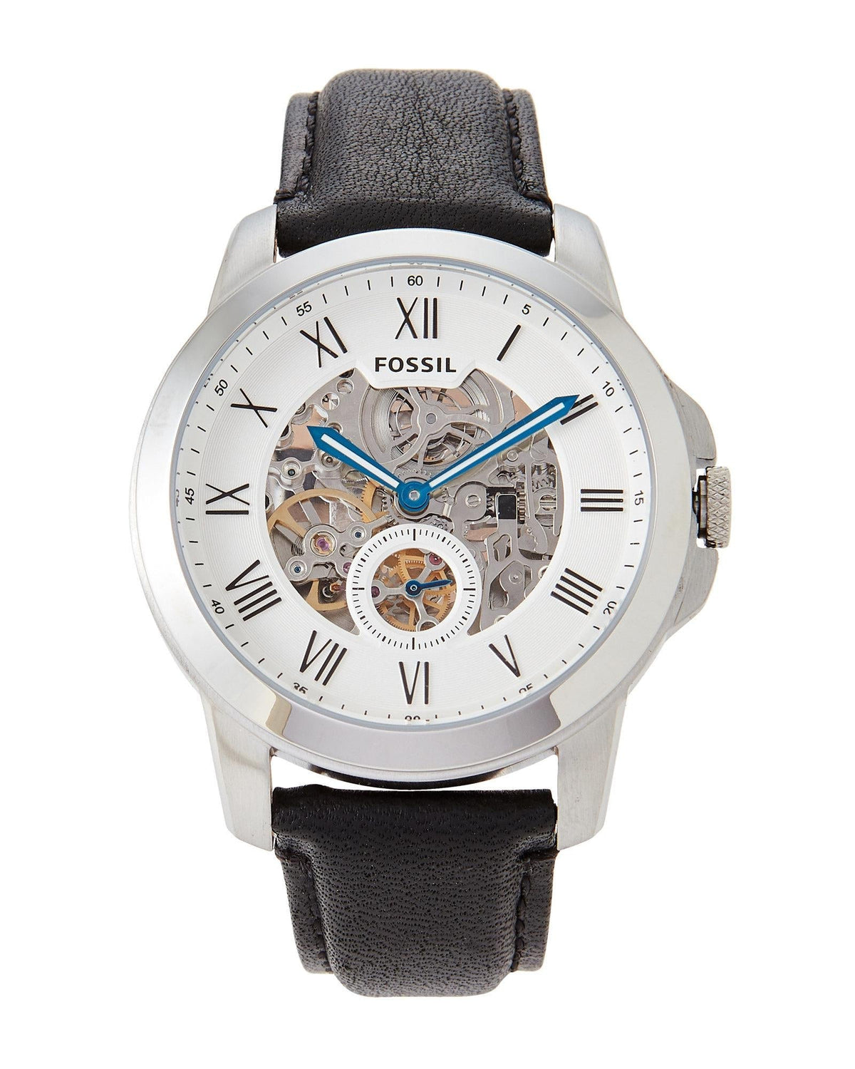 Fossil Grant Skeleton White Dial Black Leather Strap Watch for Men - ME3053