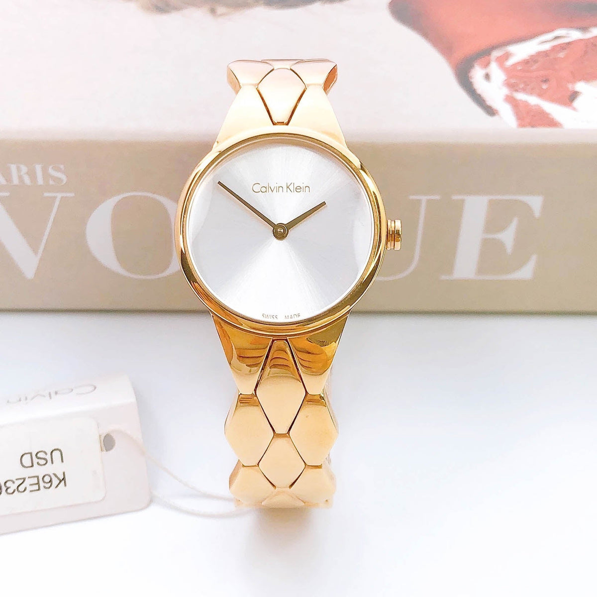 Shop Authentic Calvin Klein Snake Silver Dial Yellow Gold Steel Strap Watch For Women - K6E23546 - Luxxuri