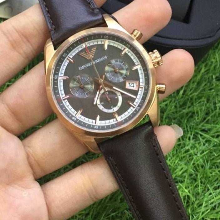 Shop Authentic Emporio Armani Chronograph Gray Dial Brown Leather Strap Watch For Men - AR6043 - Luxxuri