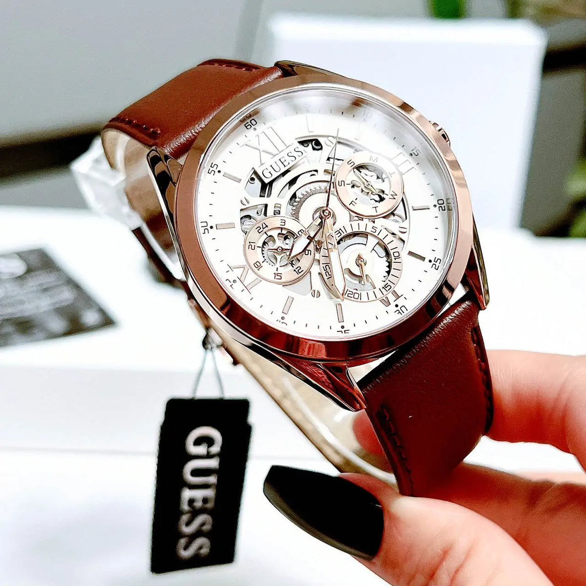 Shop Authentic Guess Multi-Function Chronograph White Dial Brown Leather Strap Watch For Men - GW0389G8 - Luxxuri