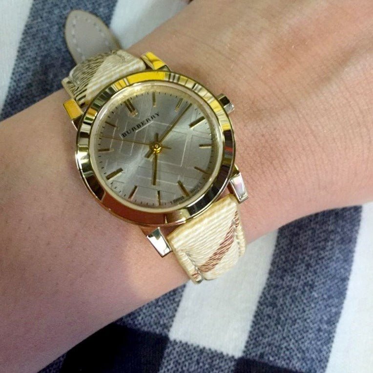 Shop Authentic Burberry The City Gold Dial Haymarket Brown Leather Strap Watch for Women - BU9219 - Luxxuri