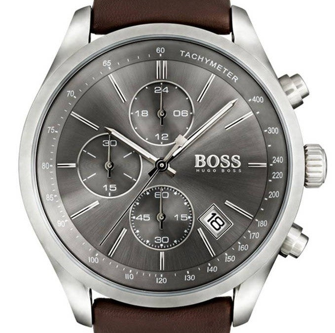 Shop Authentic Hugo Boss Grand Prix Grey Dial Brown Leather Strap Watch for Men - 1513476 - Luxxuri
