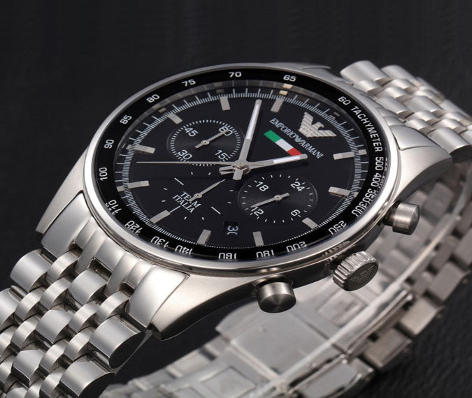 Shop Authentic Emporio Armani Sportivo Chronograph Black Dial Silver Steel Strap Watch For Men - AR5984 - Luxxuri