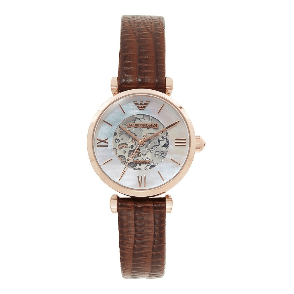 Shop Authentic Emporio Armani Meccanico Skeleton Mother of Pearl Dial Brown Leather Strap Watch For Women - AR1993 - Luxxuri