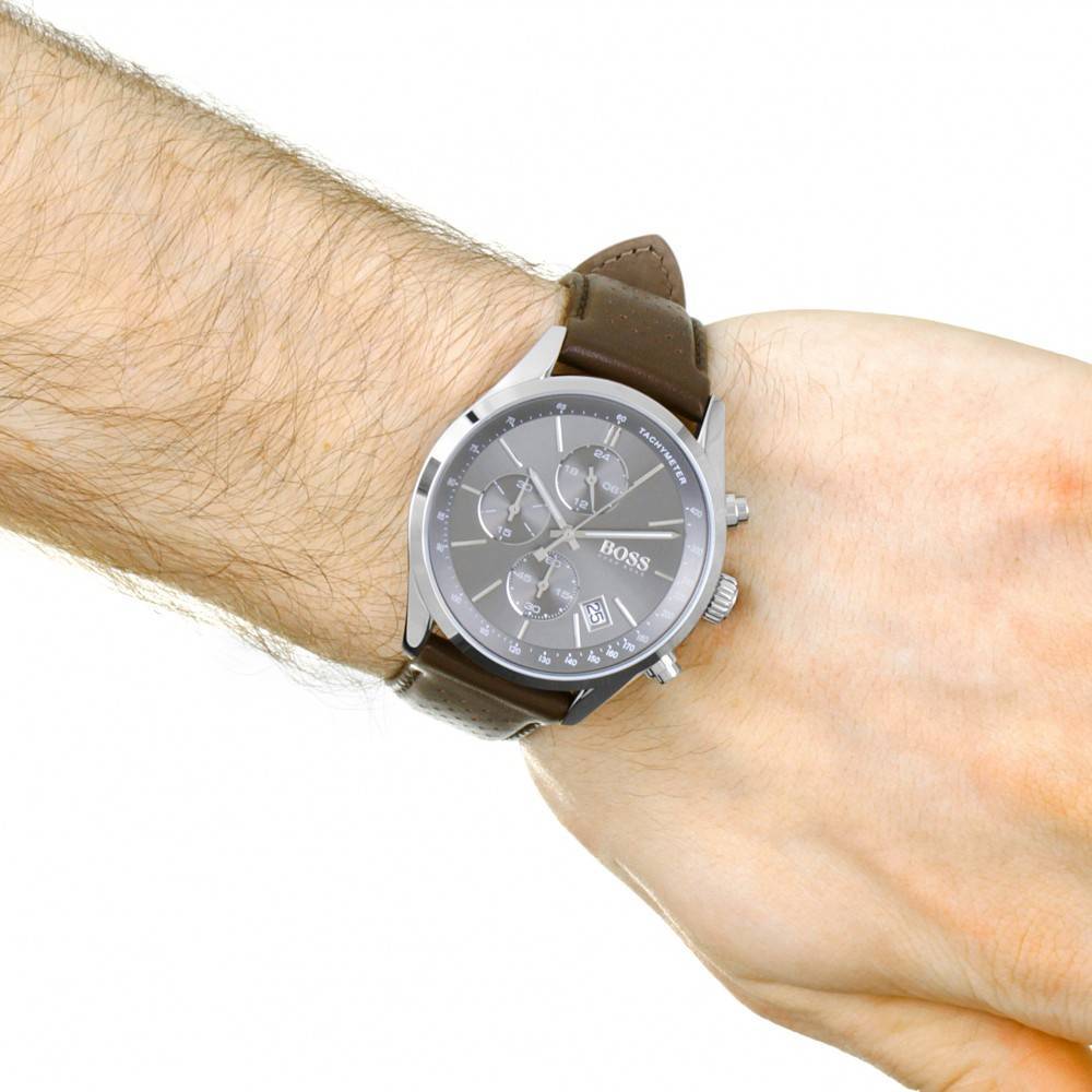 Shop Authentic Hugo Boss Grand Prix Grey Dial Brown Leather Strap Watch for Men - 1513476 - Luxxuri