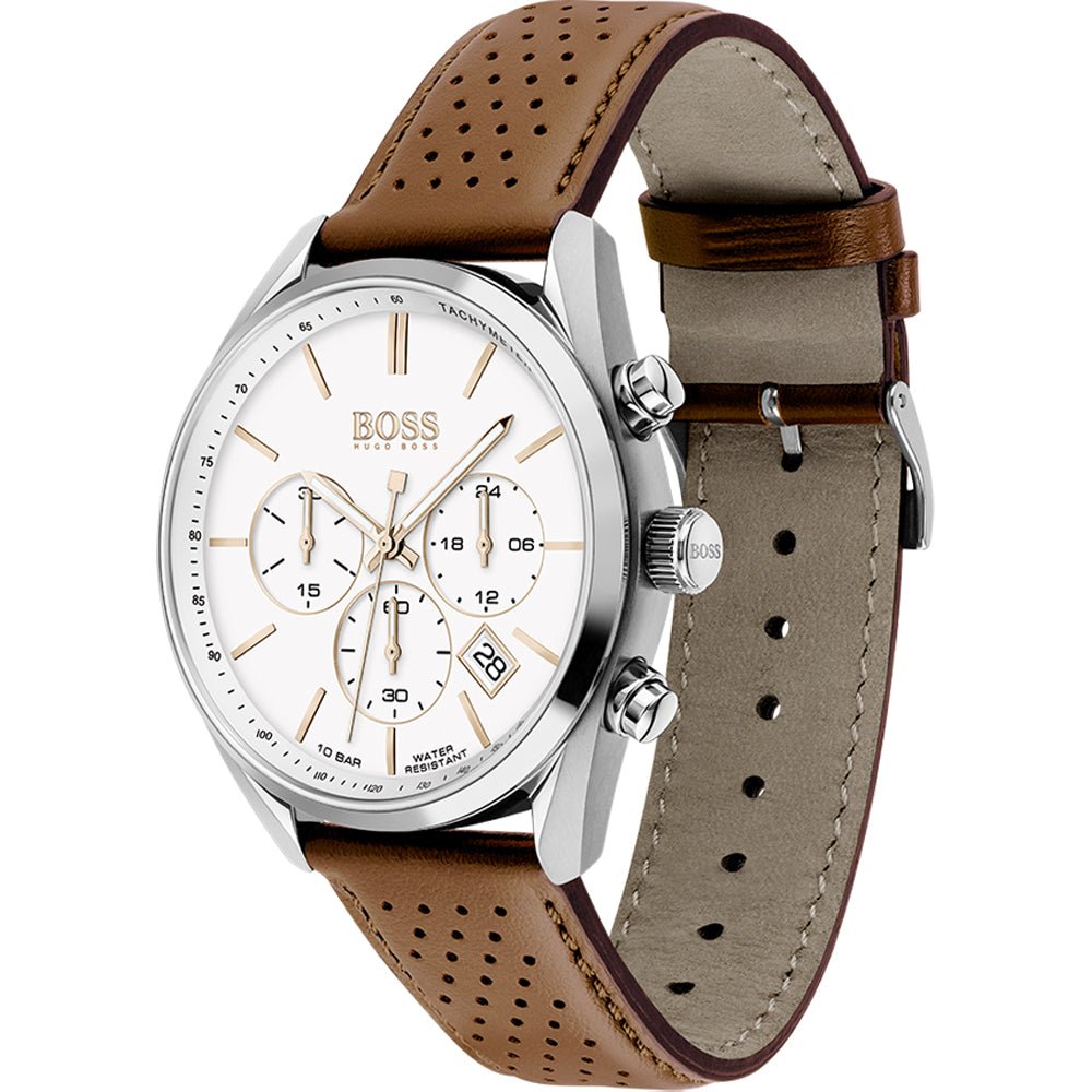 Shop Authentic Hugo Boss Champion White Dial Brown Leather Strap Watch for Men - 1513879 - Luxxuri