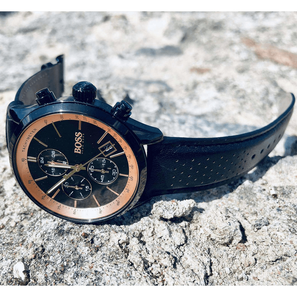 Shop Authentic Hugo Boss Grand Prix Chronograph Black Dial Black Leather Strap Watch for Men - 1513550 - Luxxuri