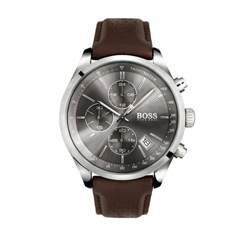 Shop Authentic Hugo Boss Grand Prix Grey Dial Brown Leather Strap Watch for Men - 1513476 - Luxxuri