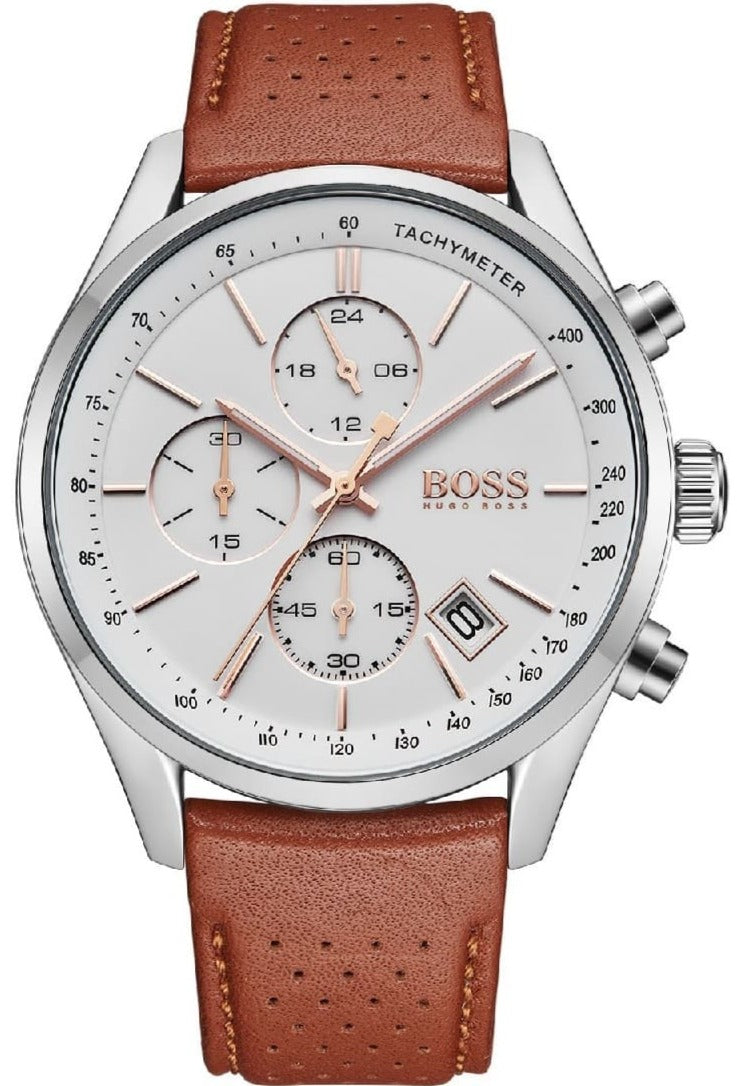Shop Authentic Hugo Boss Grand Prix White Dial Brown Leather Strap Watch for Men - 1513475 - Luxxuri