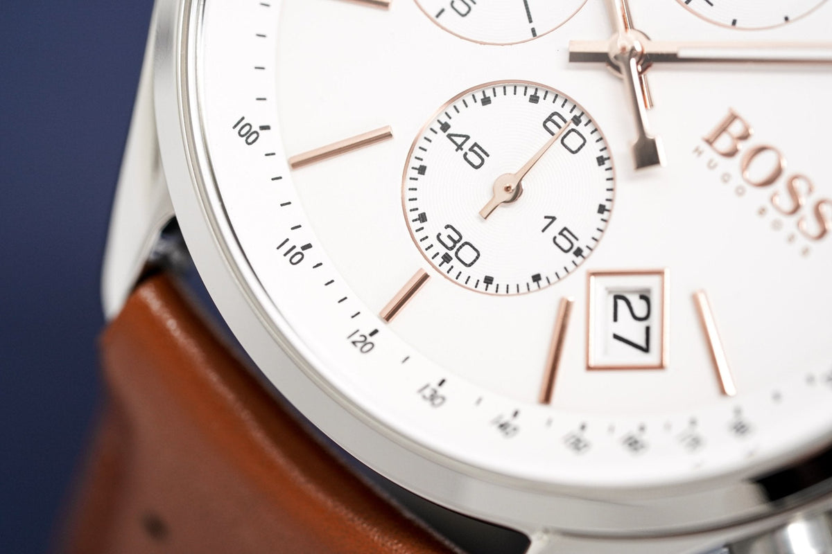 Shop Authentic Hugo Boss Grand Prix White Dial Brown Leather Strap Watch for Men - 1513475 - Luxxuri