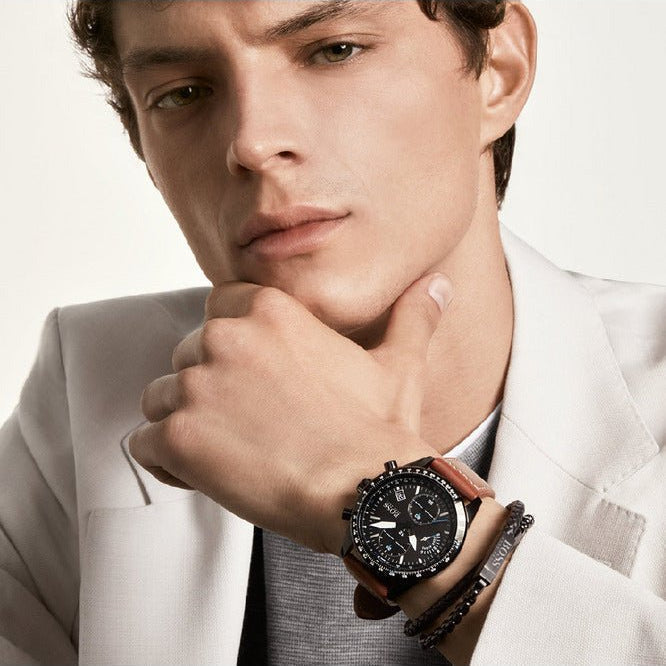 Hugo Boss Pilot Chronograph Black Dial Brown Leather Strap Watch for Men - 1513851