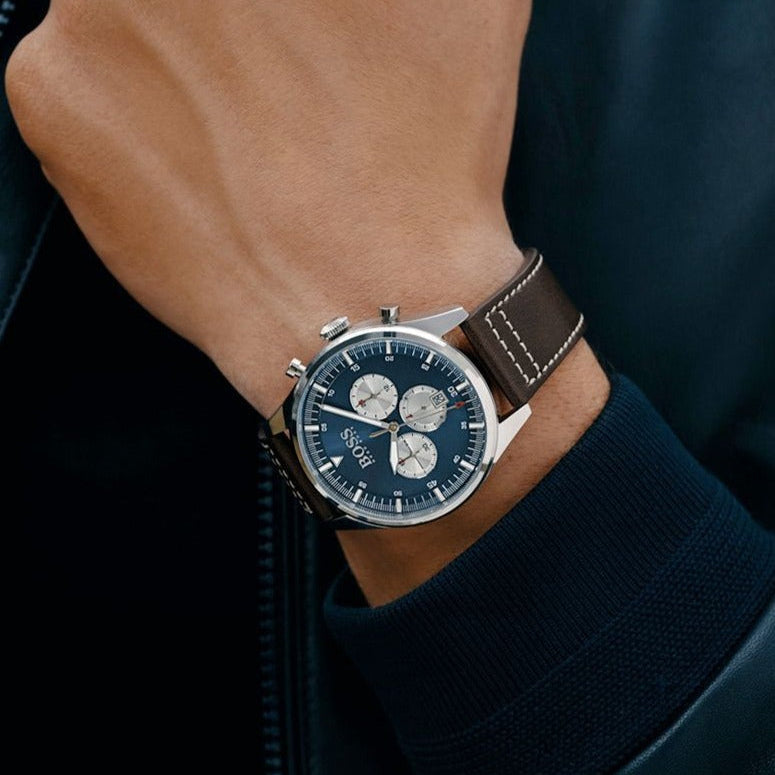 Shop Authentic Hugo Boss Pioneer Chronograph Blue Dial Brown Leather Strap Watch For Men - 1513709 - Luxxuri