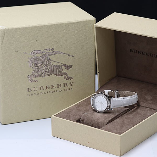 Shop Authentic Burberry The City White Diamonds Dial White Leather Strap Watch for Women - BU9221 - Luxxuri
