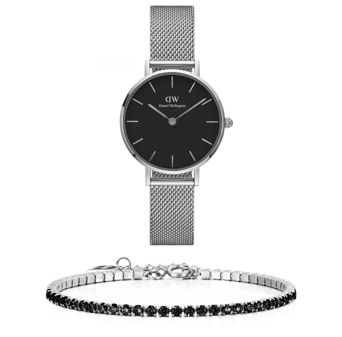 Shop Authentic Daniel Wellington Classic Petite Sterling Black Dial Silver Mesh Bracelet Watch For Women - DW00100162 - Luxxuri