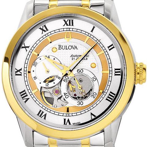 Shop Authentic Bulova BVA Skeleton Silver Dial Two Tone Steel Strap Watch for Men - 98A123 - Luxxuri