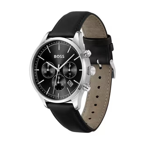 Hugo Boss Avery Chronograph Black Dial Black Leather Strap Watch for Men - 1514211