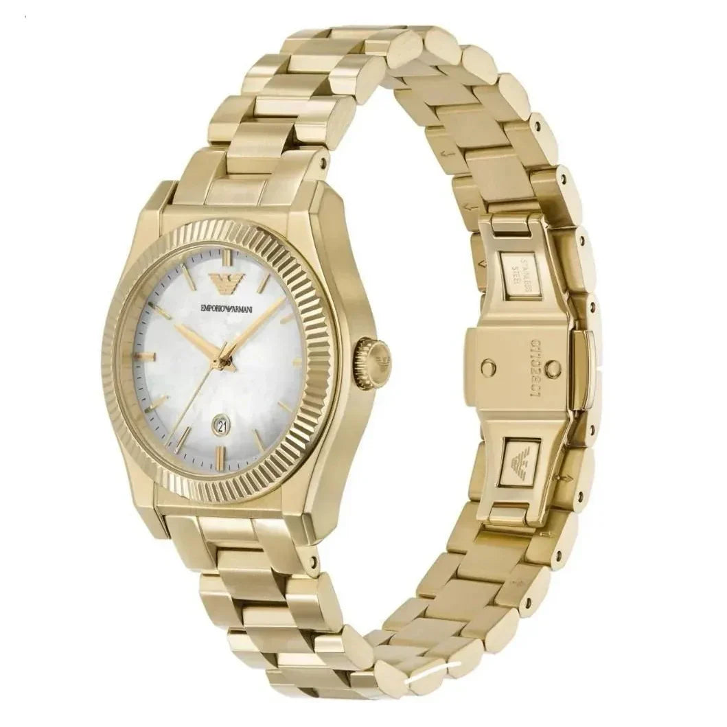 Emporio Armani Federica Mother of Pearl White Dial Gold Steel Strap Watch for Women - AR11657