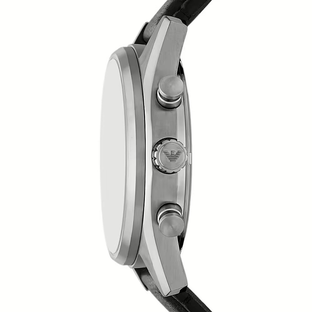 Emporio Armani Racer Chronograph Silver Dial Black Leather Strap Watch for Men - AR11677