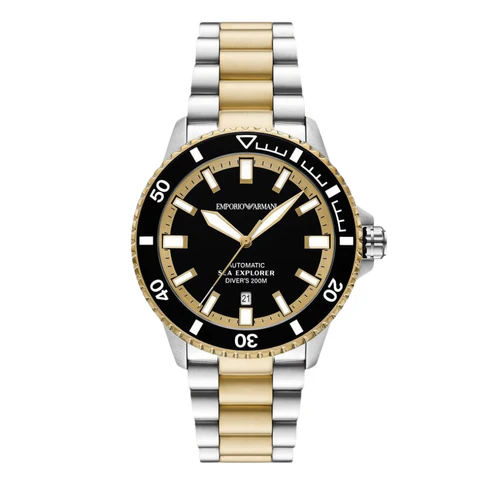 Emporio Armani Sea Explorer Black Dial Two Tone Steel Strap Watch for Men - AR60089