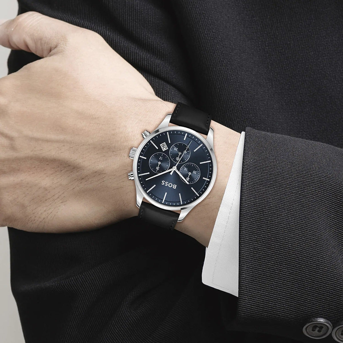 Shop Authentic Hugo Boss Avery Chronograph Blue Dial Black Leather Strap Watch for Men - 1514156 - Luxxuri