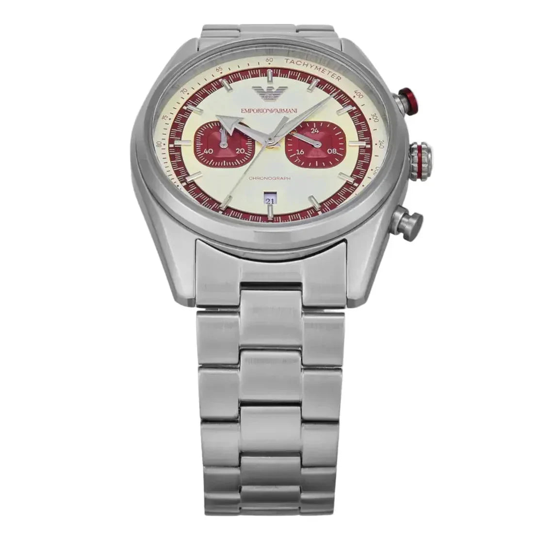 Emporio Armani Racer Chronograph White Dial Silver Steel Strap Watch for Men - AR11645