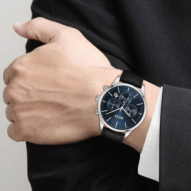 Shop Authentic Hugo Boss Avery Chronograph Blue Dial Black Leather Strap Watch for Men - 1514156 - Luxxuri