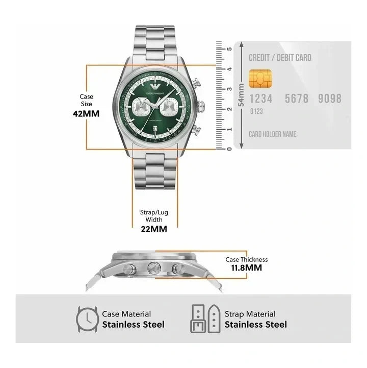 Emporio Armani Racer Chronograph Green Dial Silver Steel Strap Watch for Men - AR11637