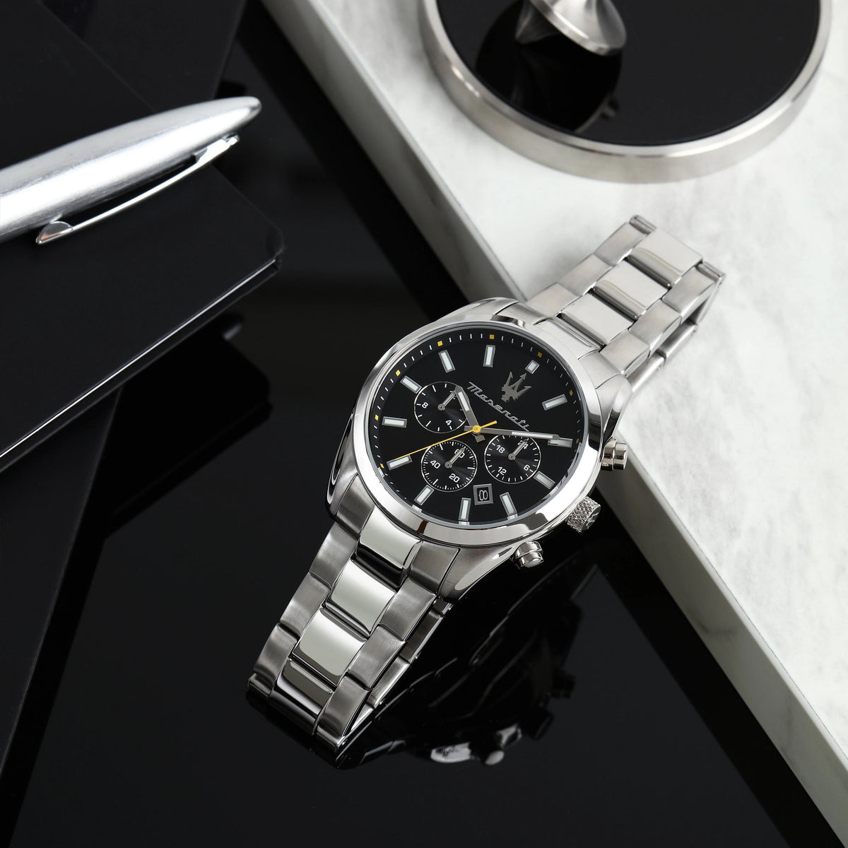 Maserati Attrazione Chronograph Black Dial Silver Steel Strap Watch for Men - R8853151010