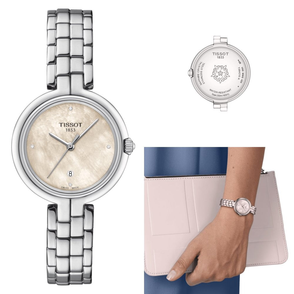 Tissot T-Lady Flamingo Diamonds Mother of Pearl Dial SIlver Steel Strap Watch for Women - T094.210.11.116.02