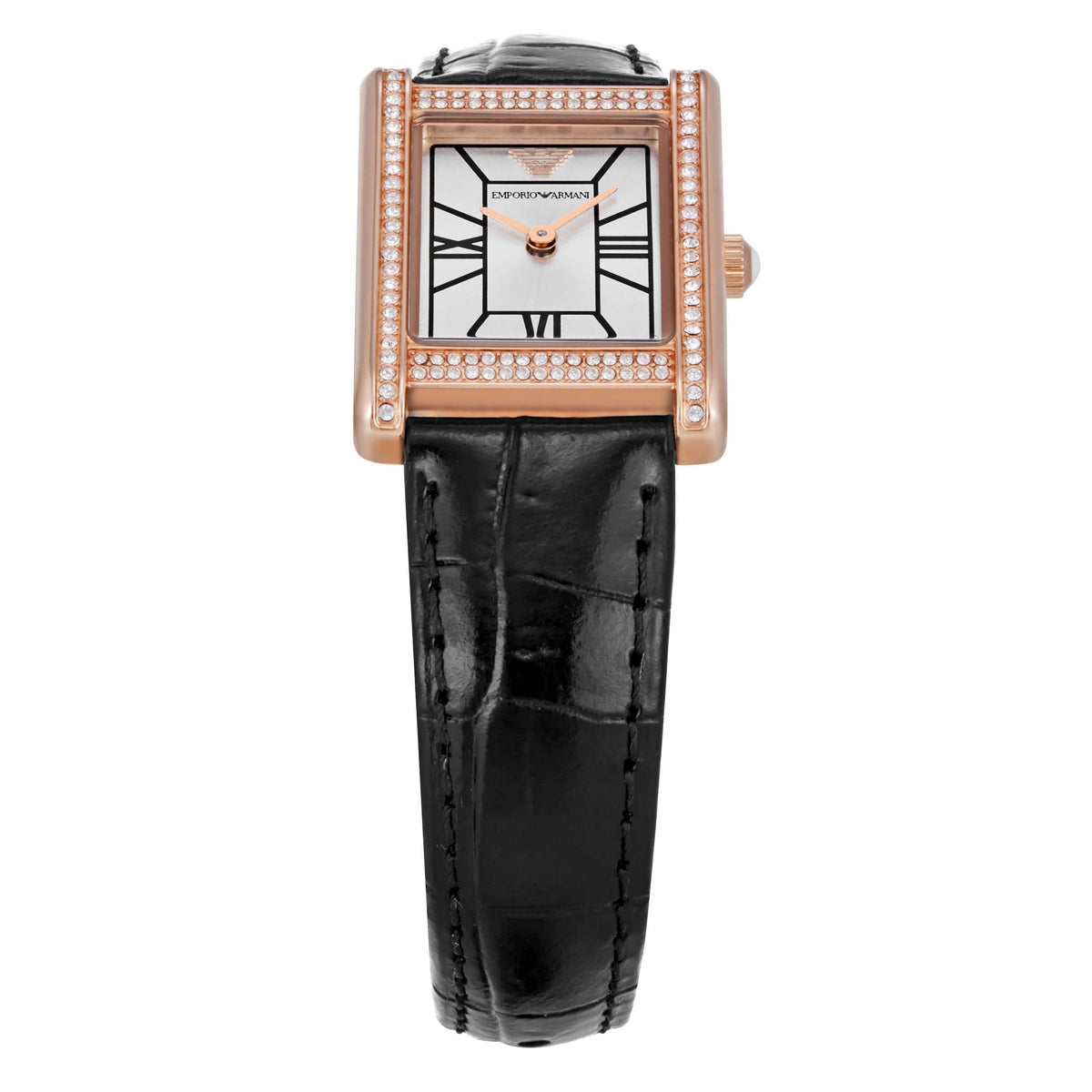 Emporio Armani Genni Silver Dial Black Leather Strap Watch for Women - AR11624