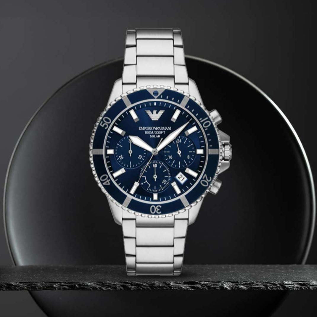 Shop Authentic Emporio Armani World Explorer Chronograph Blue Dial Silver Steel Strap Watch for Men - AR11681 - Luxxuri