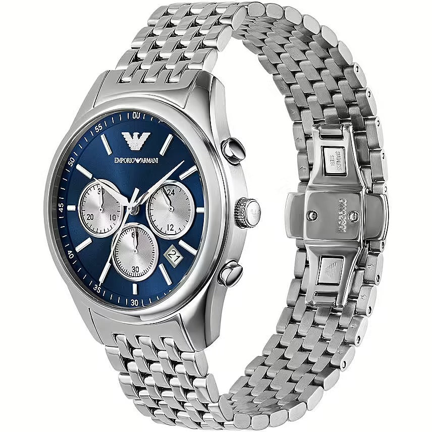 Emporio Armani Antonio Chronograph Blue Dial Silver Steel Strap Watch for Men - AR11582