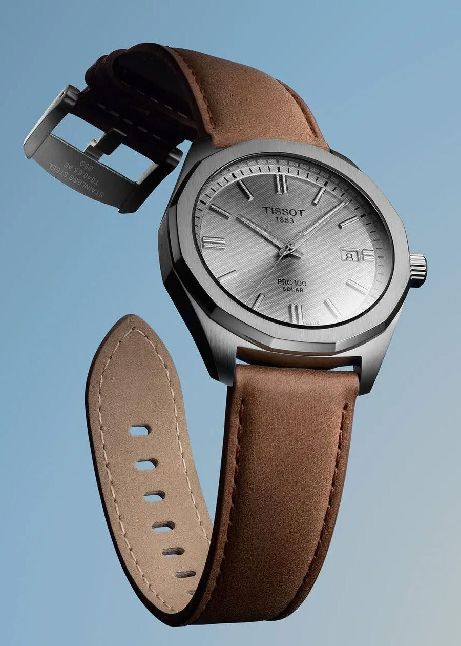Tissot PRC 100 Solar Quartz Silver Dial Brown Leather Strap Watch for Men - T151.422.16.031.00