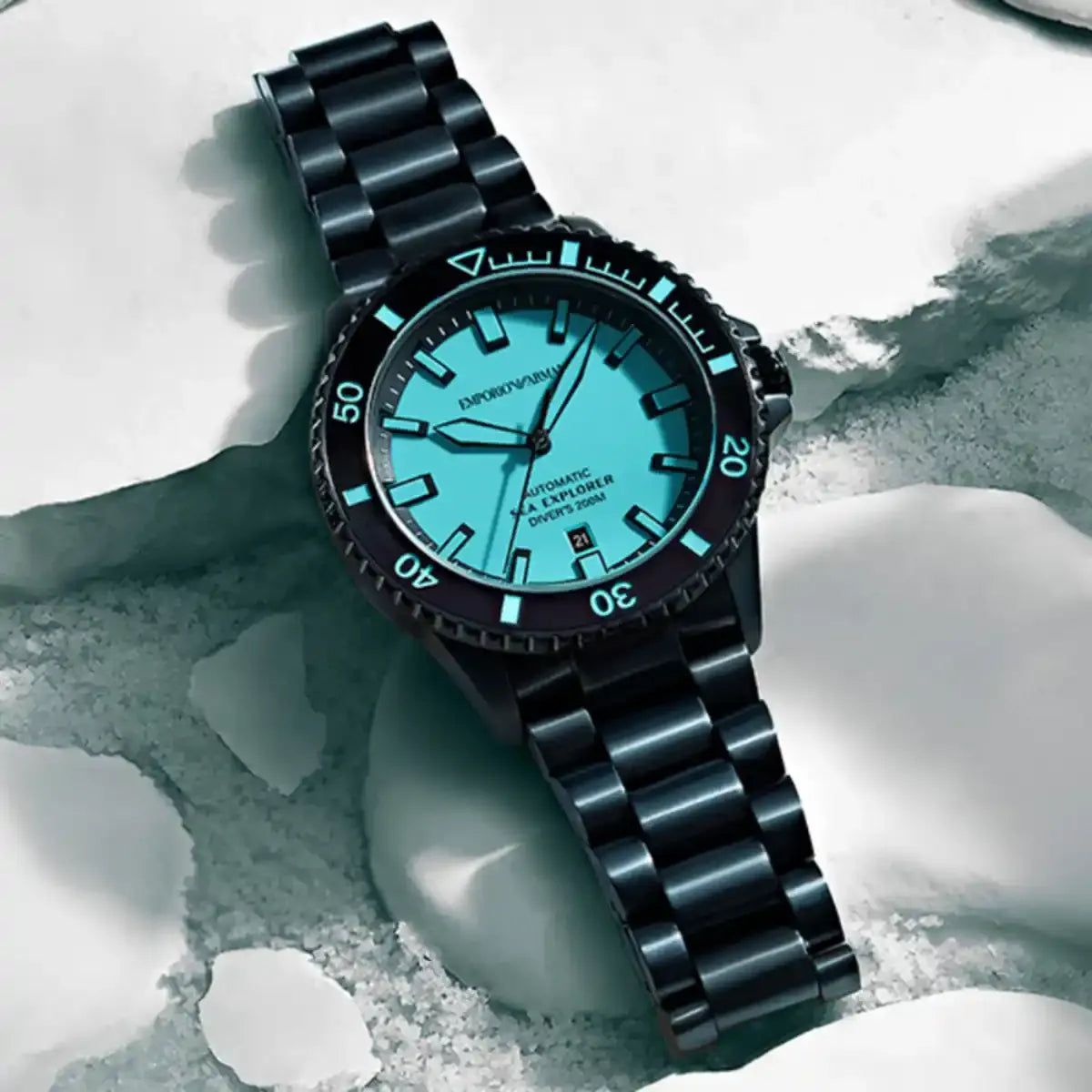 Emporio Armani Sea Explorer Turquoise Blue Dial Black Steel Strap Watch for Men - AR60084