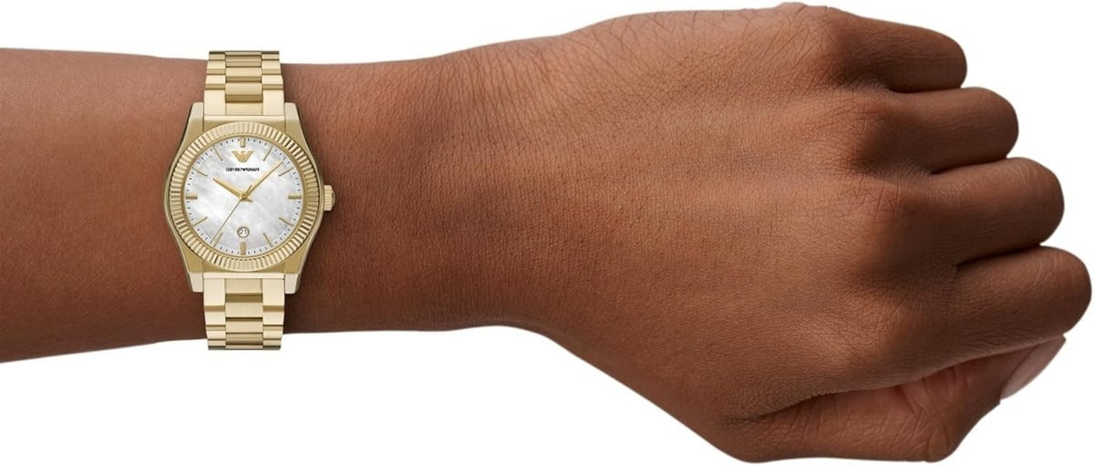 Emporio Armani Federica Mother of Pearl White Dial Gold Steel Strap Watch for Women - AR11657