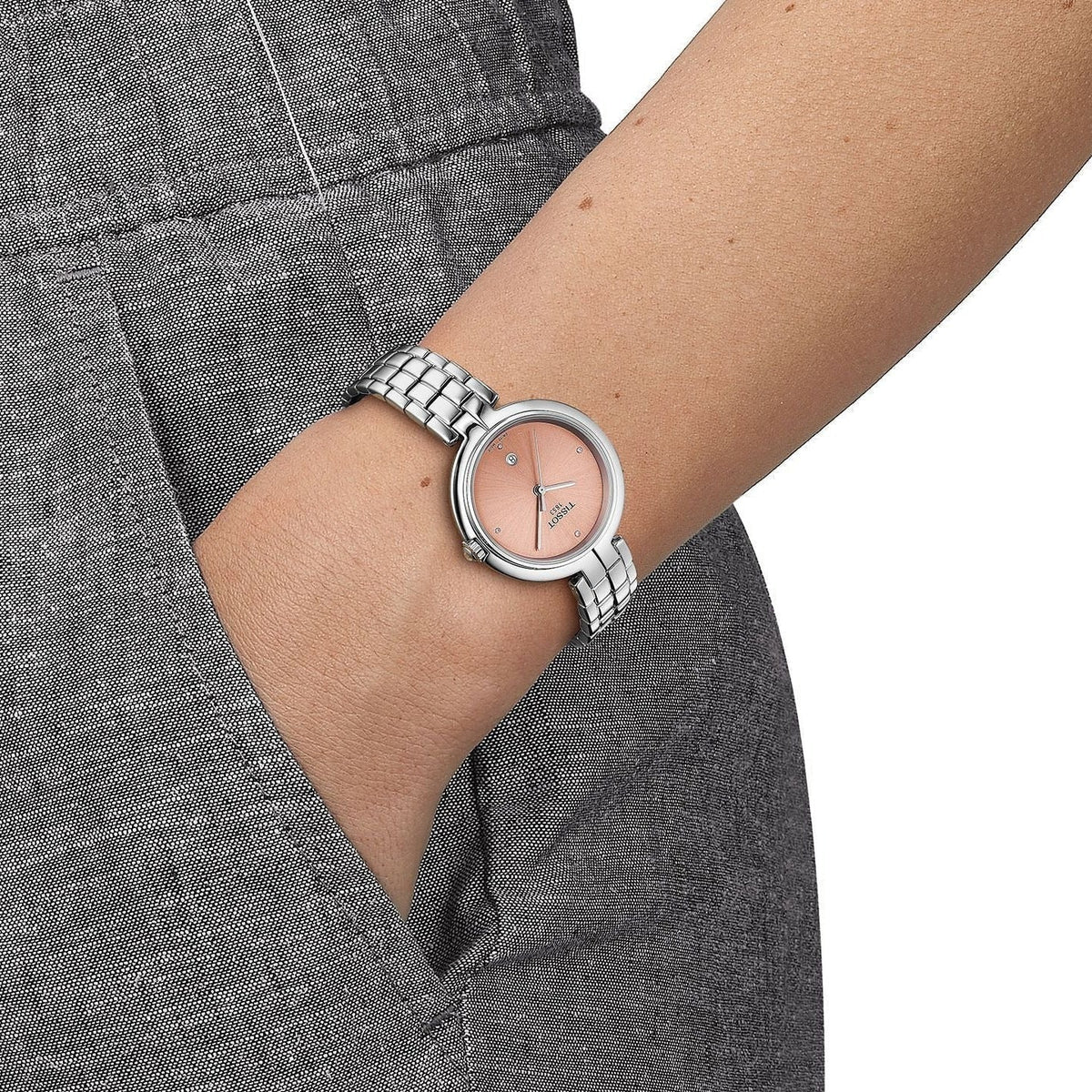 Tissot T-Lady Flamingo Diamonds Pink Dial Silver Steel Strap Watch for Women - T094.210.11.336.00