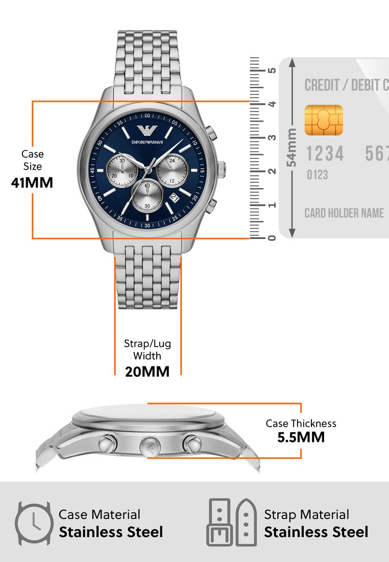 Emporio Armani Antonio Chronograph Blue Dial Silver Steel Strap Watch for Men - AR11582