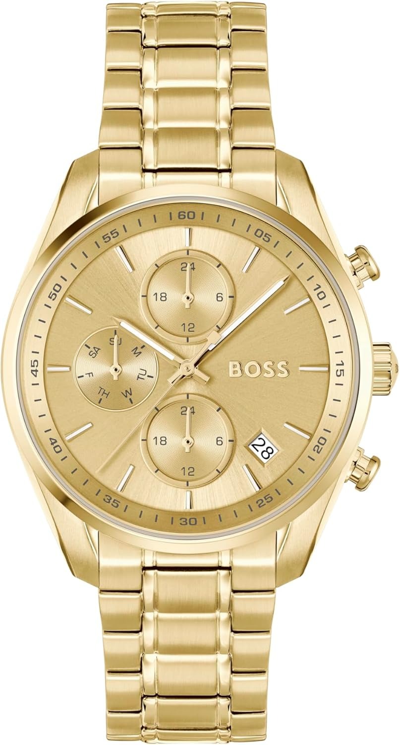 Hugo Boss Grand Tour Chronograph Gold Dial Gold Steel Strap Watch for Women - 1502768