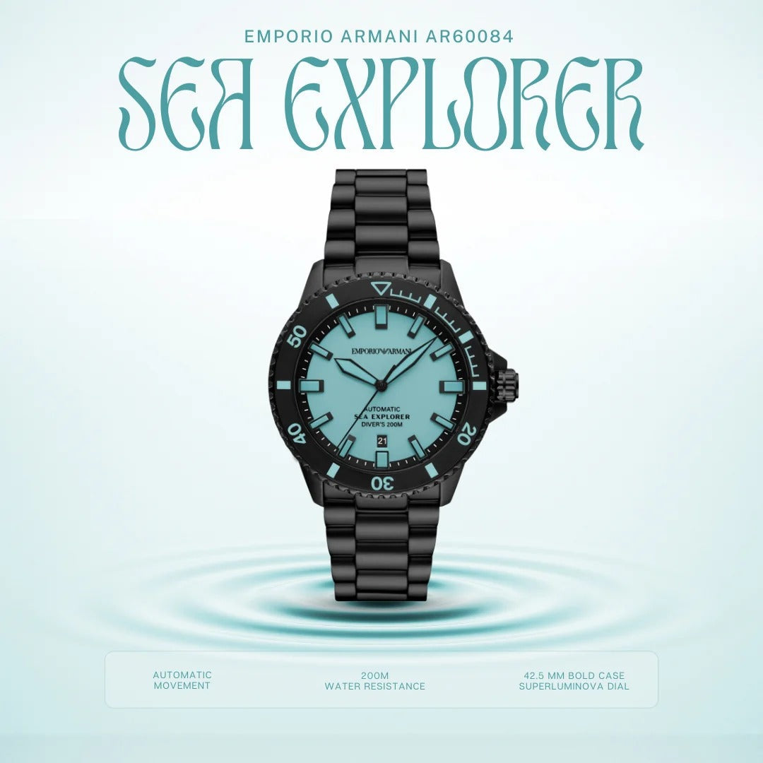 Emporio Armani Sea Explorer Turquoise Blue Dial Black Steel Strap Watch for Men - AR60084