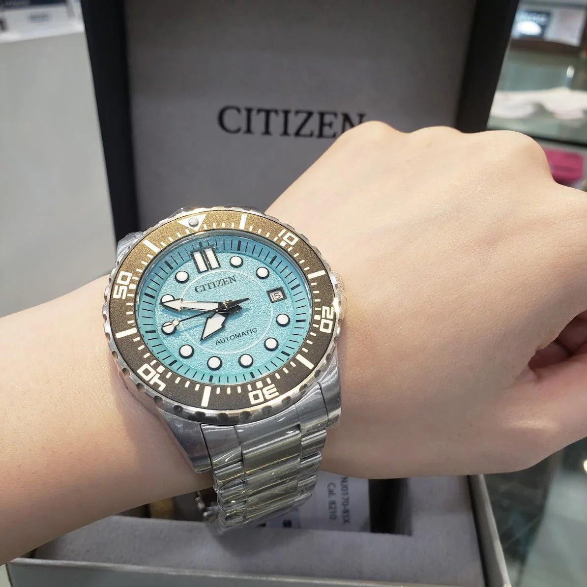 Citizen Mechanical Automatic Turquoise Dial Silver Steel Strap Watch for Men - NJ0170-83X