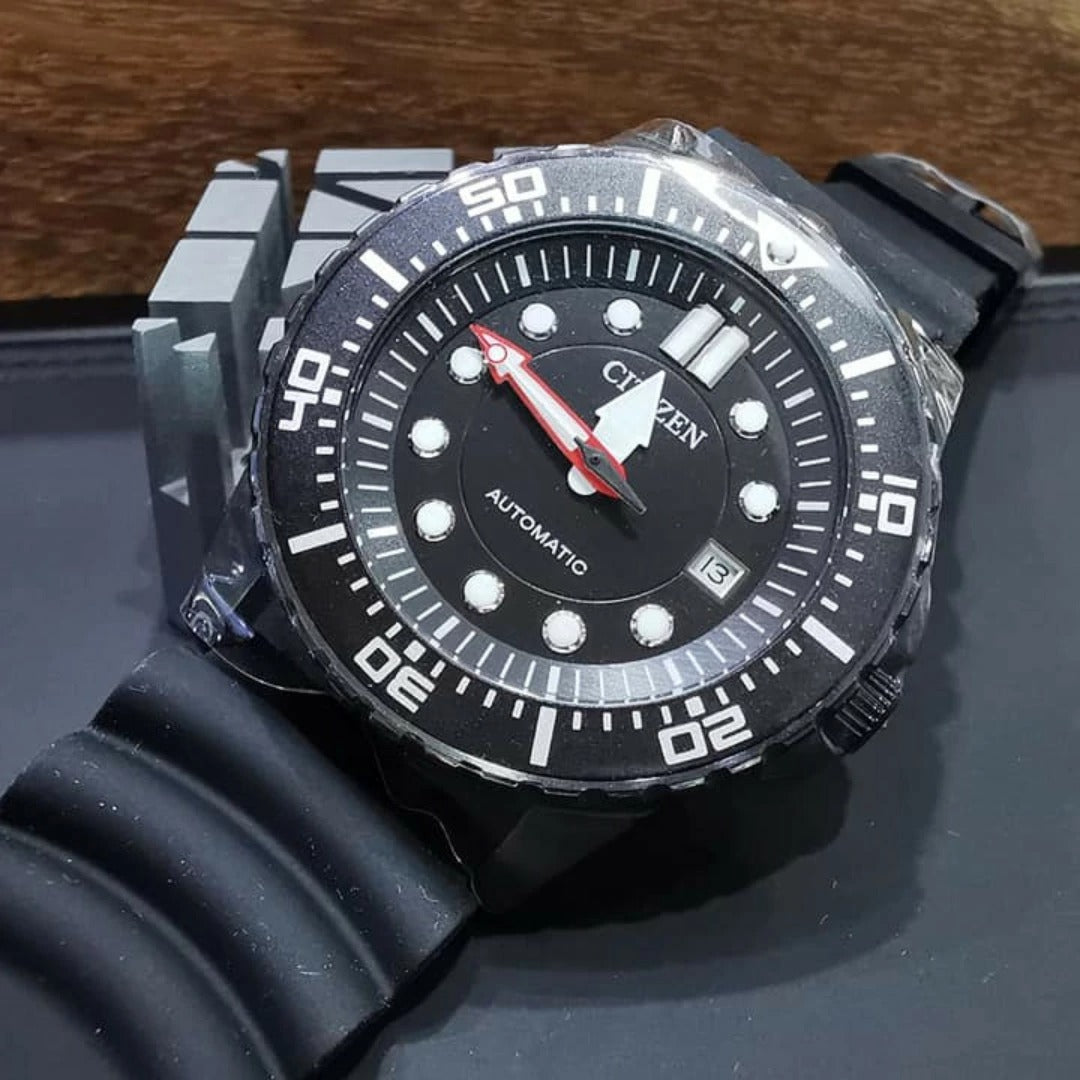 Citizen Mechanical Automatic Black Dial Black Rubber Strap Watch for Men - NJ0125-11E