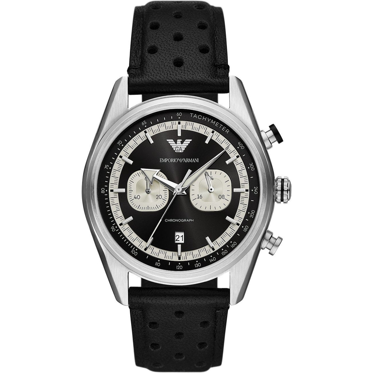 Emporio Armani Racer Chronograph Black Dial Black Leather Strap Watch for Men - AR11635