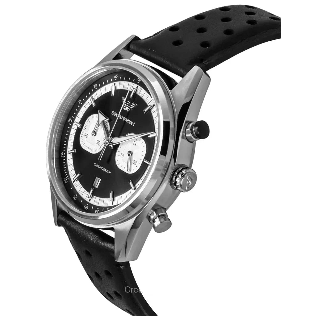 Emporio Armani Racer Chronograph Black Dial Black Leather Strap Watch for Men - AR11635