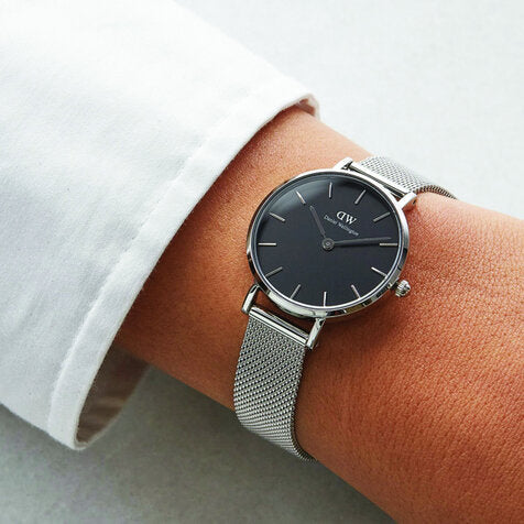 Shop Authentic Daniel Wellington Petite Sterling Black Dial Silver Mesh Bracelet Watch For Women - DW00100218 - Luxxuri
